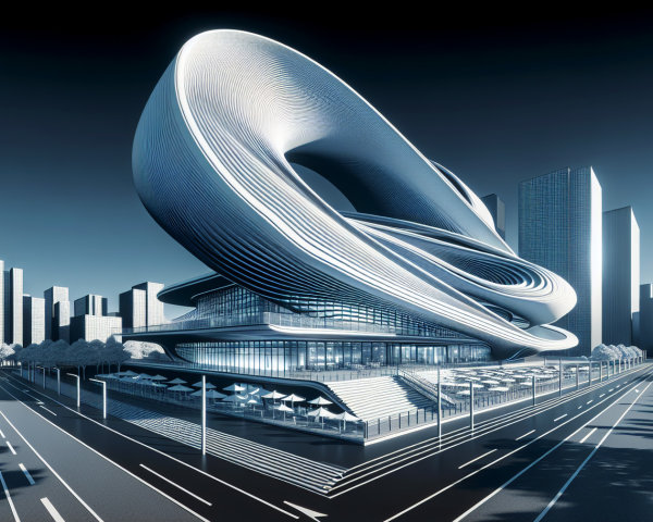 Futuristic Building with Swirling Design and Greenery