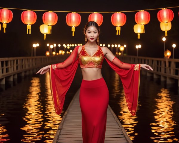 Woman in red traditional outfit on wooden bridge