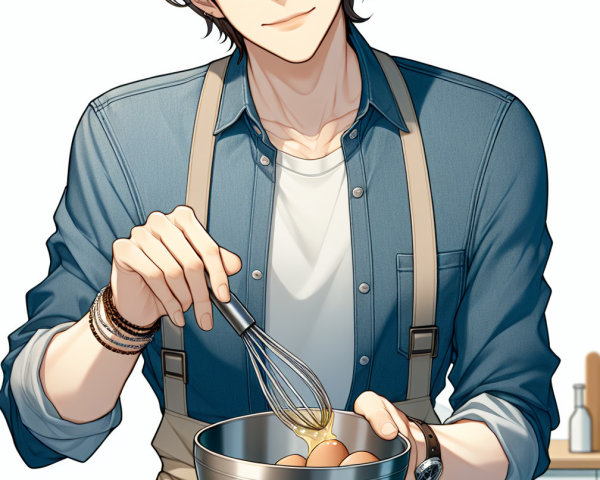 Young man whisking eggs in a bright kitchen setting