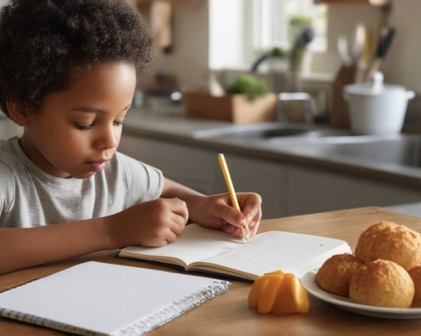 Child Writing at Table with Muffins and Juice
