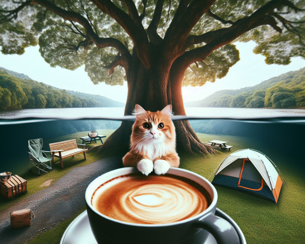Cozy Campsite by Tranquil Lake with Latte and Cat