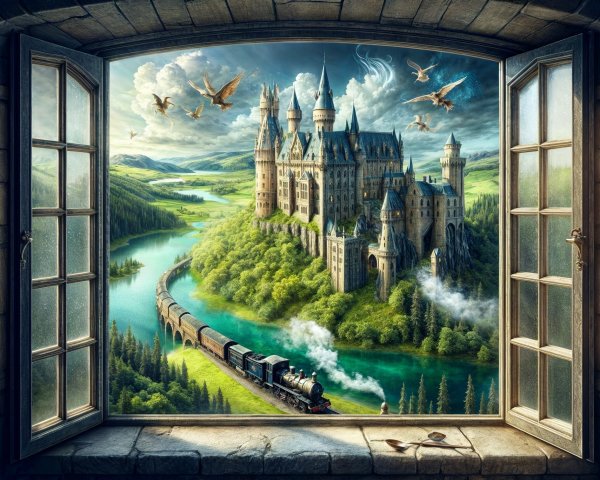 Castle on Hilltop with Vintage Train and Scenic Landscape