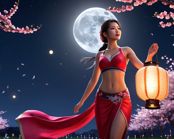 Woman in red outfit among cherry blossoms at night