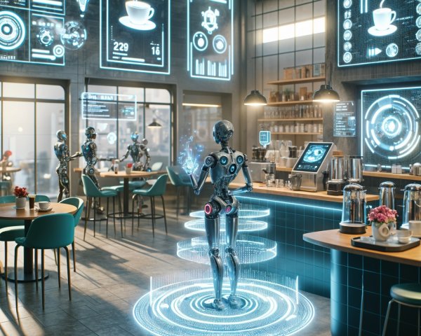Futuristic café with humanoid robots and holographic displays
