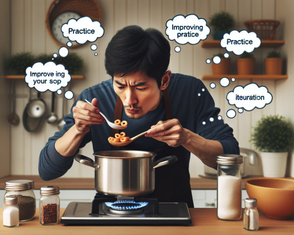 Young Man Reflects on Cooking Skills in Cozy Kitchen