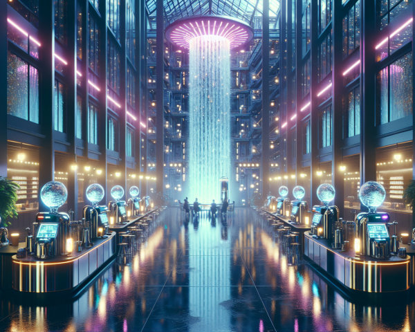 Futuristic Casino Interior with Neon Lights and Waterfall