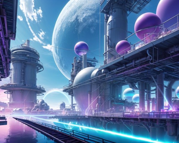 Futuristic cityscape with industrial structures and spheres