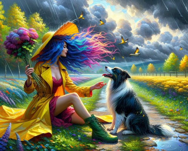 Woman in Yellow Raincoat with Dog on Rainy Path