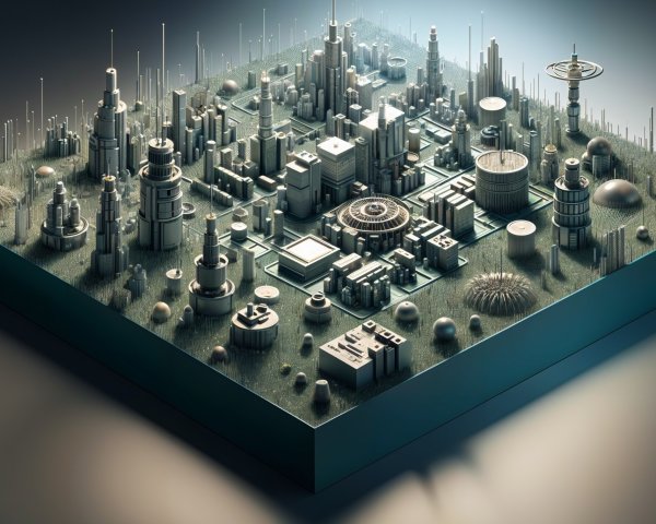 Futuristic Miniature Cityscape in Metallic Style