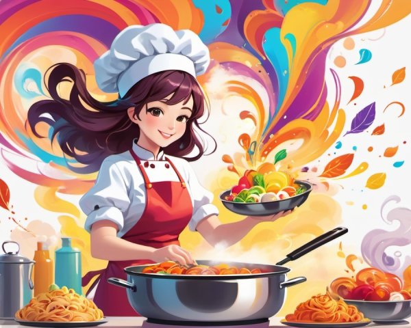 Cheerful Chef Prepares Colorful Meal in Large Pot