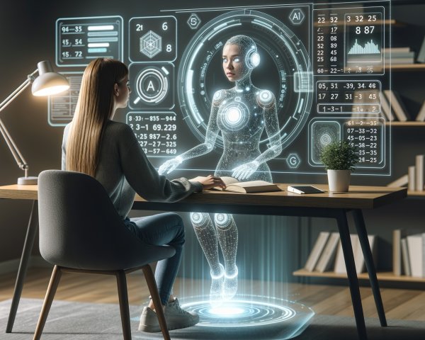 Modern Minimalist Workspace with Holographic AI Interaction