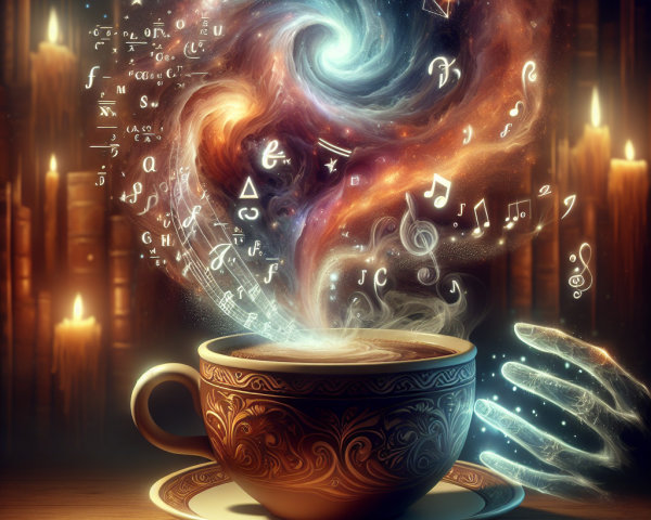 Whimsical Teacup with Cosmic Energy and Musical Notes
