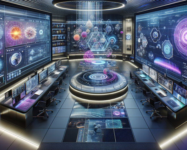 Futuristic control room with advanced holographic displays