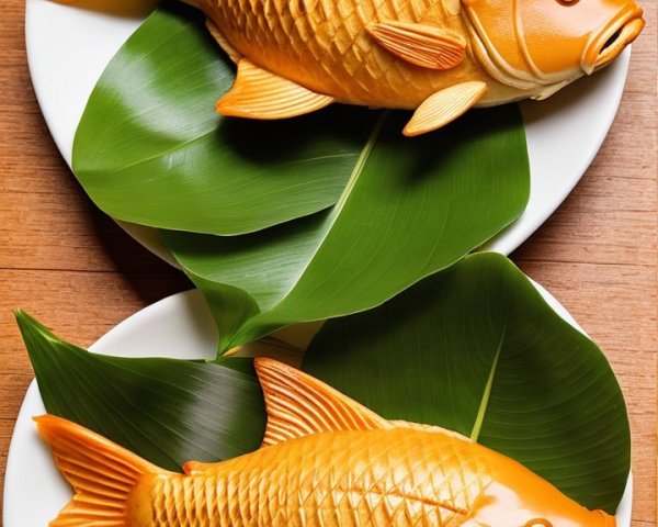 Realistic Fish Display on White Plates with Green Leaves