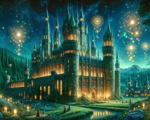 Majestic castle illuminated under a starlit sky