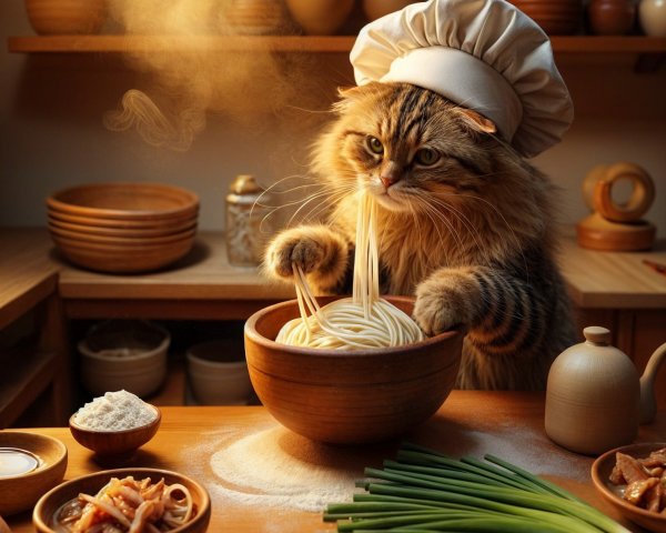 Fluffy Cat in Chef Hat Prepares Spaghetti in Kitchen