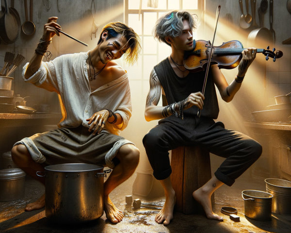Contrasting Activities in a Warmly Lit Kitchen Scene