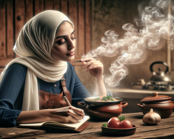 Woman in hijab writing at rustic kitchen table