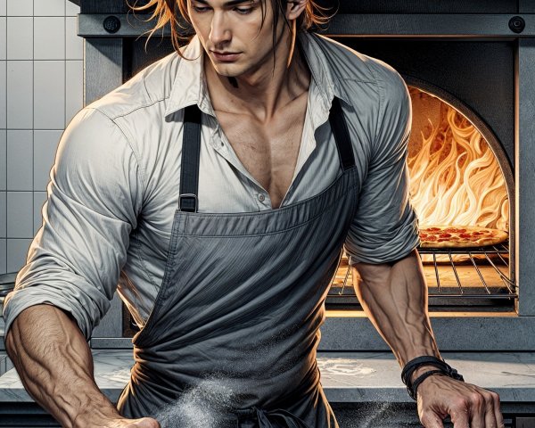 Muscular Man Prepares Pizza in Rustic Kitchen