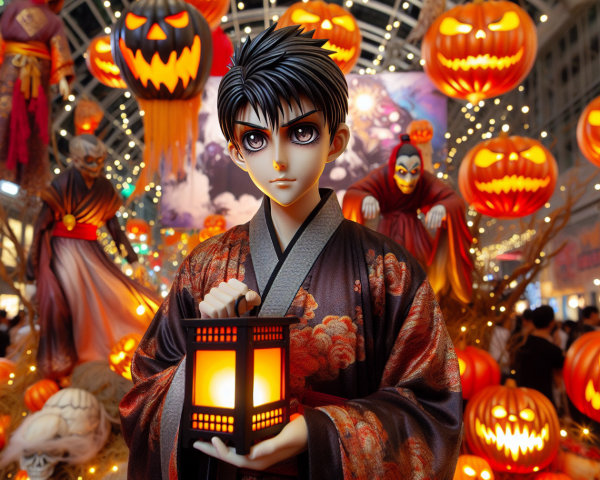 Young man in kimono with lantern in Halloween scene