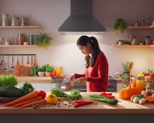 Cozy Kitchen with Fresh Vegetables and Warm Lighting