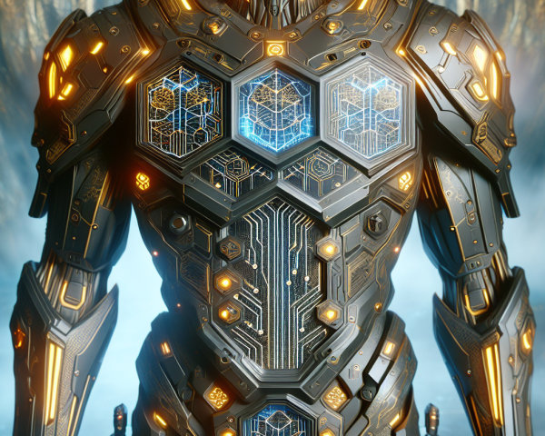 Futuristic cybernetic warrior in glowing armored suit