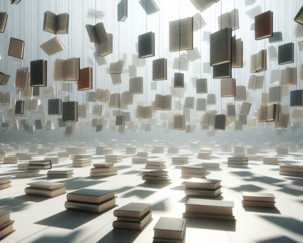 Books Suspended from Ceiling in Bright Room Setting