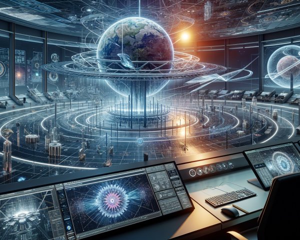 Futuristic Control Room with Holographic Earth Display