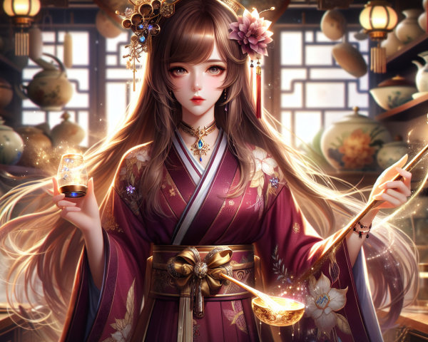 Young woman in ornate outfit in dim apothecary setting