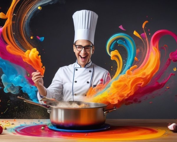 Chef in White Uniform Stirring Colorful Pot