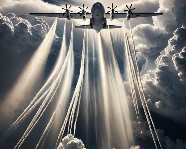 Military Aircraft in Dramatic Sky with Vapor Trails