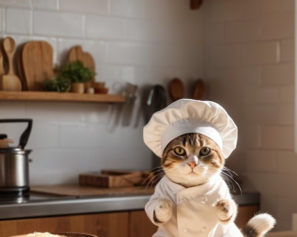 Cat in Chef Outfit in Cozy Kitchen Setting