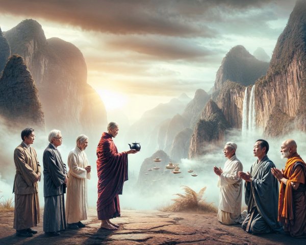 Monk in Red Robes with Worshippers in Mountain Landscape