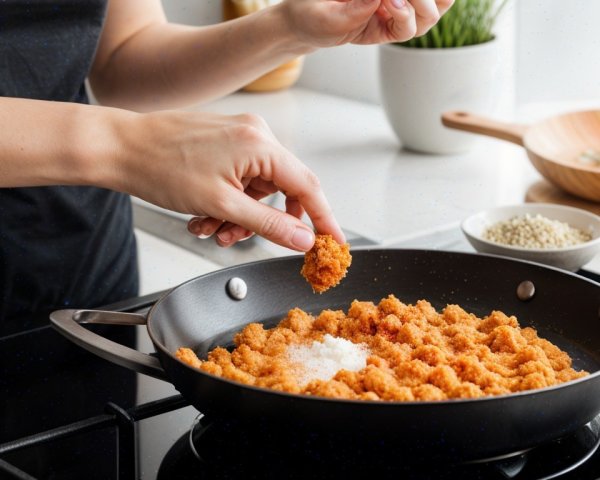 Cooking in a Modern Kitchen with Frying Pan and Ingredients