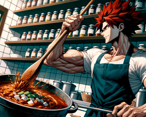 Muscular Chef with Red Hair Cooking in Cozy Kitchen
