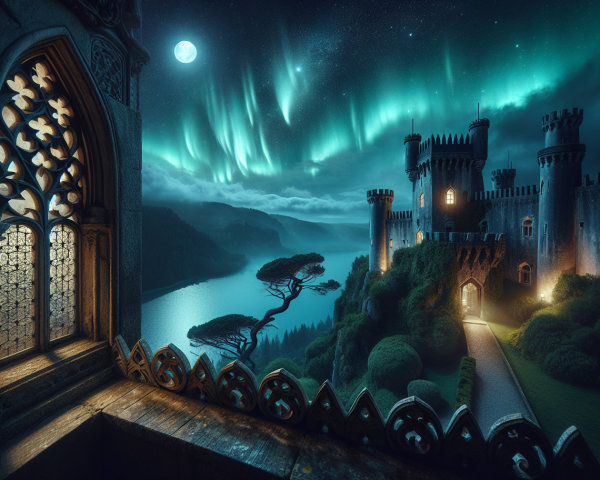 Castle on a Cliff Overlooking a Serene Lake at Night