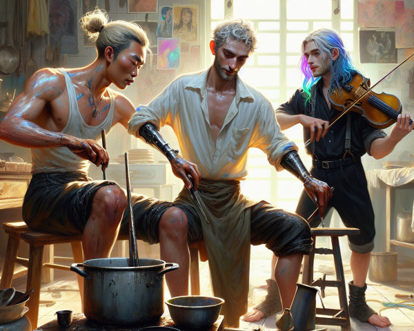 Young Men Cooking with Violin Music in Sunlit Kitchen