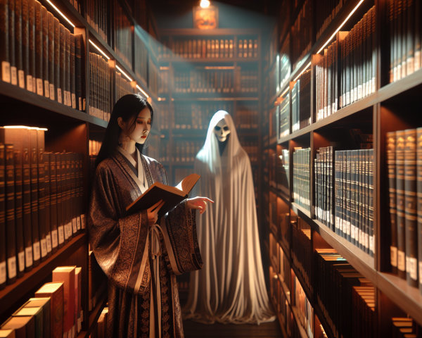 Young Woman Reading in Dim Library with Ghostly Figure