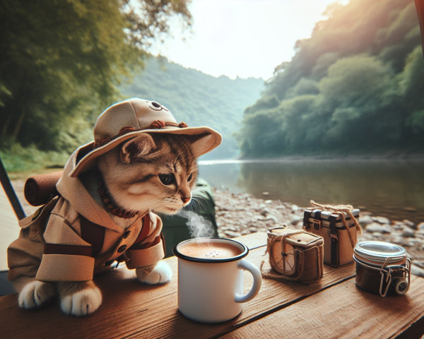 Charming Cat in Safari Outfit by a Serene River
