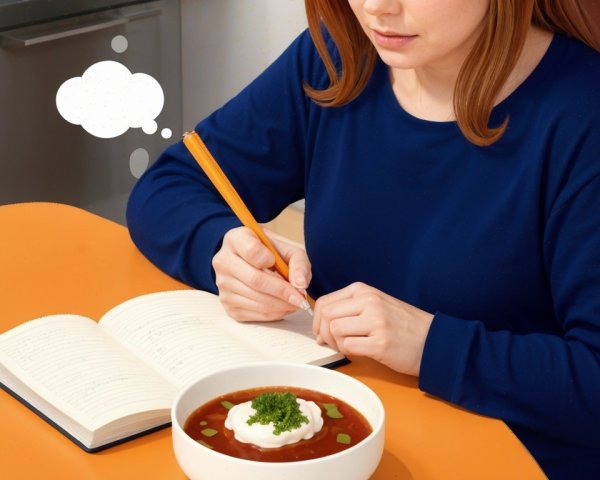 Young woman writing at orange table with soup bowl