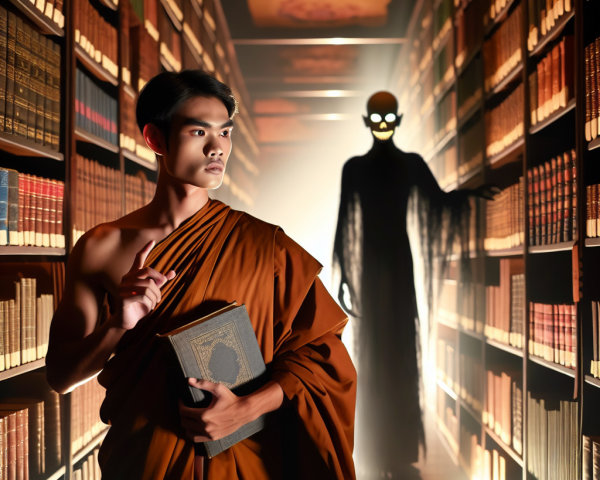 Young monk with ancient tome in eerie library setting