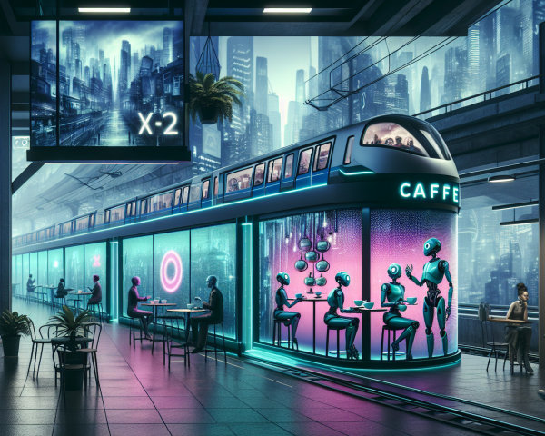Futuristic Train Café in Neon-Lit Urban Setting