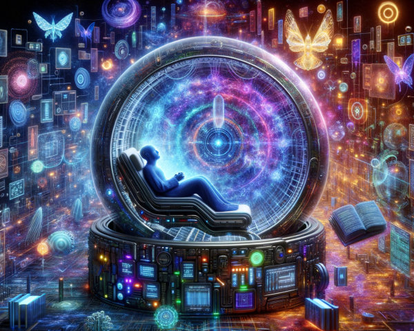 Reclining Figure in High-Tech Pod Amidst Cosmic Imagery
