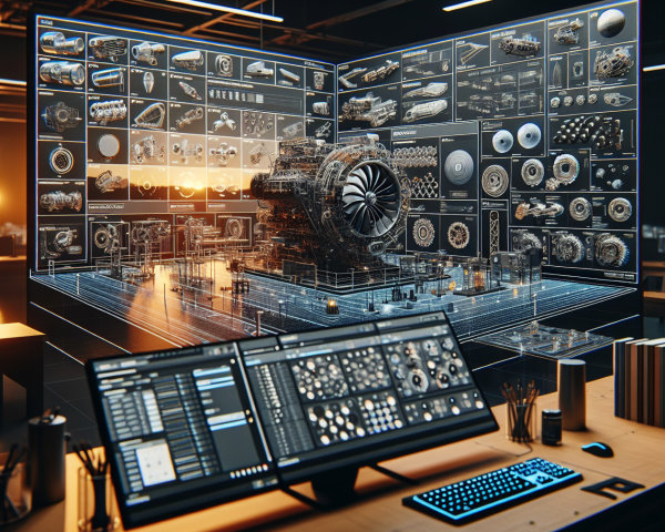 Modern Workspace with Transparent Display and Engine Model