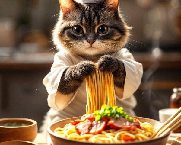 Fluffy Cat in Chef Hat with Pasta in Cozy Kitchen