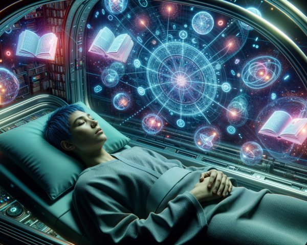 Futuristic Pod with Cosmic Imagery and Floating Books
