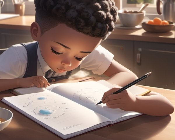 Child Drawing Celestial Bodies at Kitchen Table