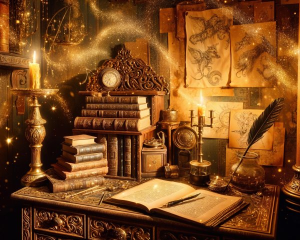 Close-Up of Ornate Wizard's Desk in Dark Room
