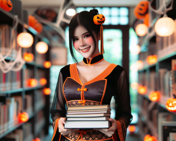 Halloween Outfit in Library with Pumpkin Decor