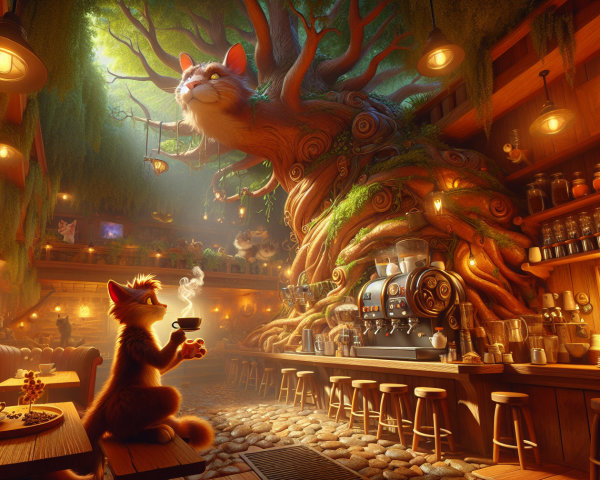 Whimsical Café with Twisted Tree and Fox Character